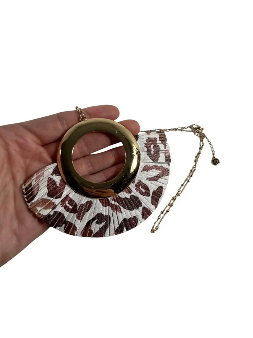 1946 Statement Pendant Necklace Gold Tone Leopard Print Fan Tassel Long Chain